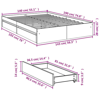 Bed Frame with Drawers Brown Oak 140x200 cm Engineered Wood