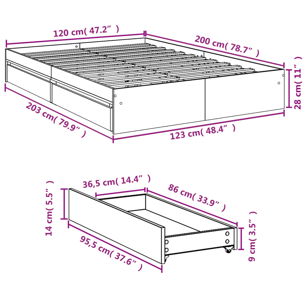 Bed Frame with Drawers Sonoma Oak 120x200 cm Engineered Wood