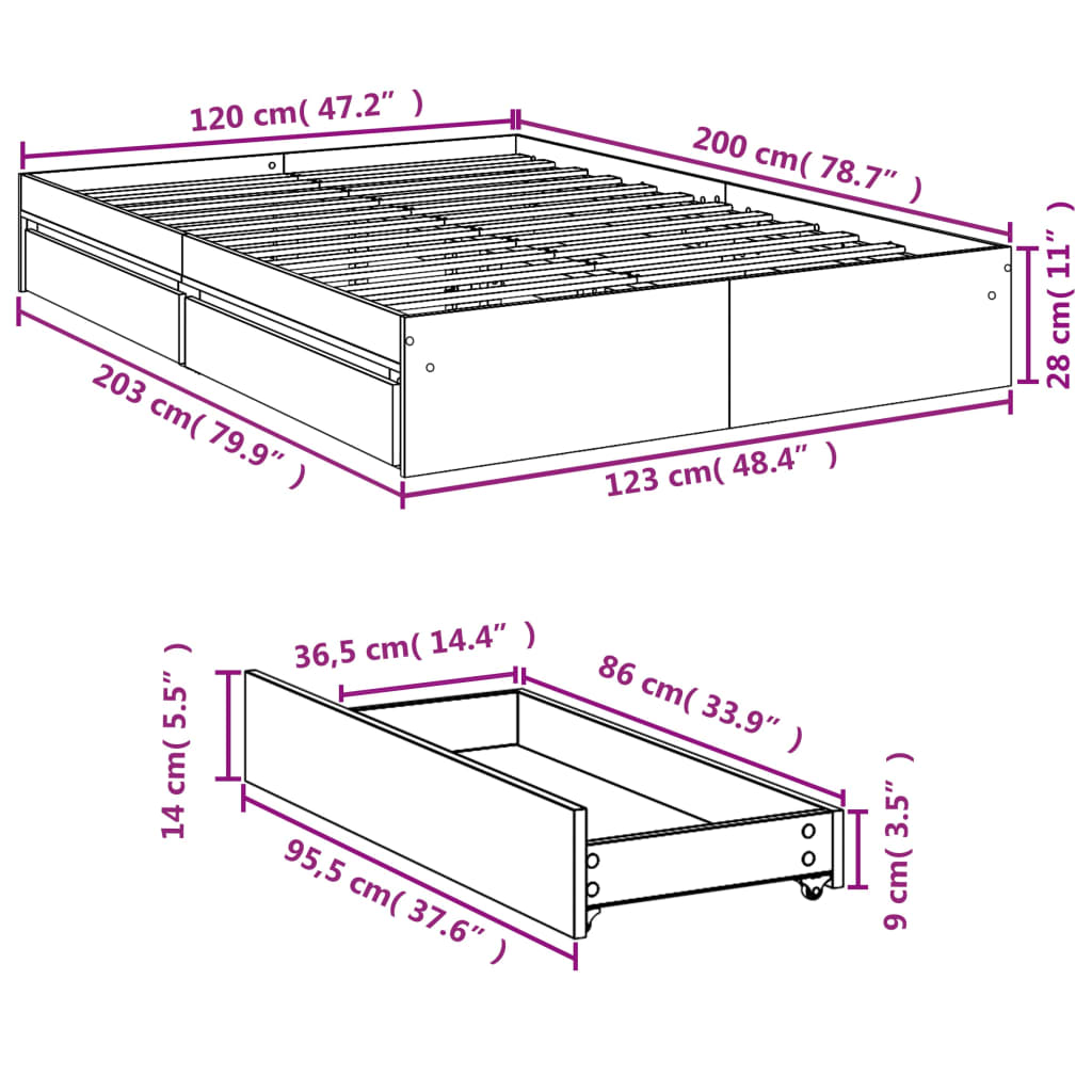 Bed Frame with Drawers without Mattress Brown Oak 120x200 cm