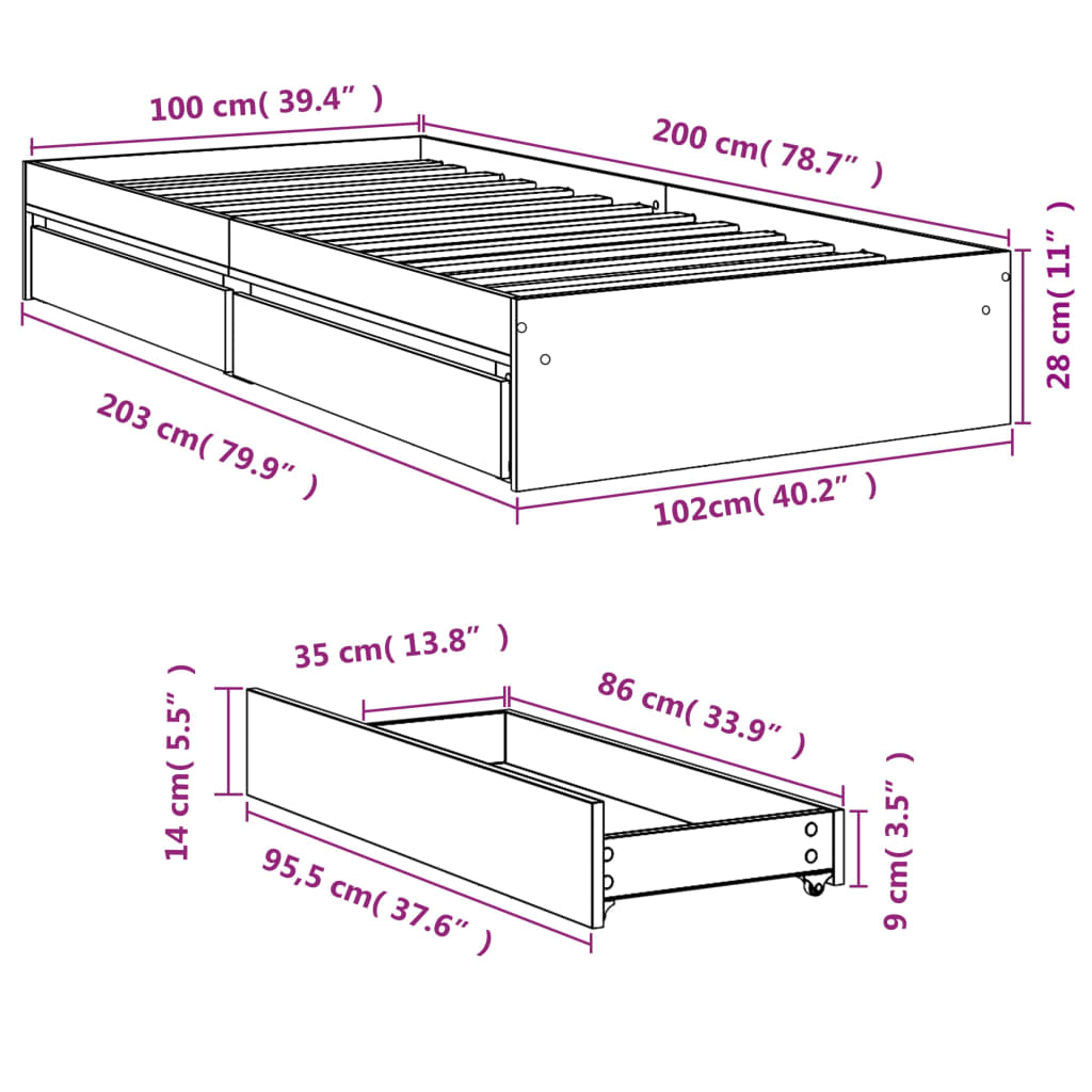 Bed Frame with Drawers Concrete Grey 100x200 cm Engineered Wood