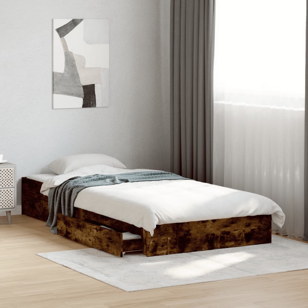 Bed Frame with Drawers Smoked Oak 100x200 cm Engineered Wood