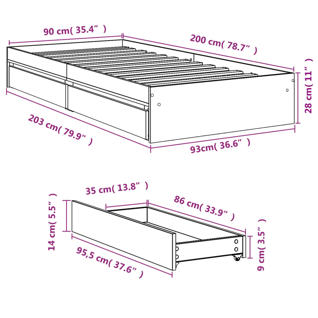 Bed Frame with Drawers Concrete Grey 90x200 cm Engineered Wood