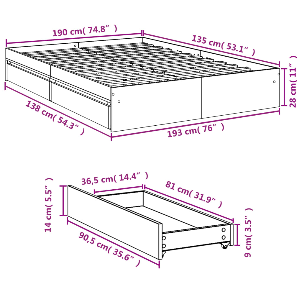 Bed Frame with Drawers without Mattress Sonoma Oak 135x190 cm Double