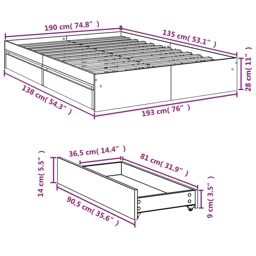 Bed Frame with Drawers Concrete Grey 135x190 cm Double Engineered Wood