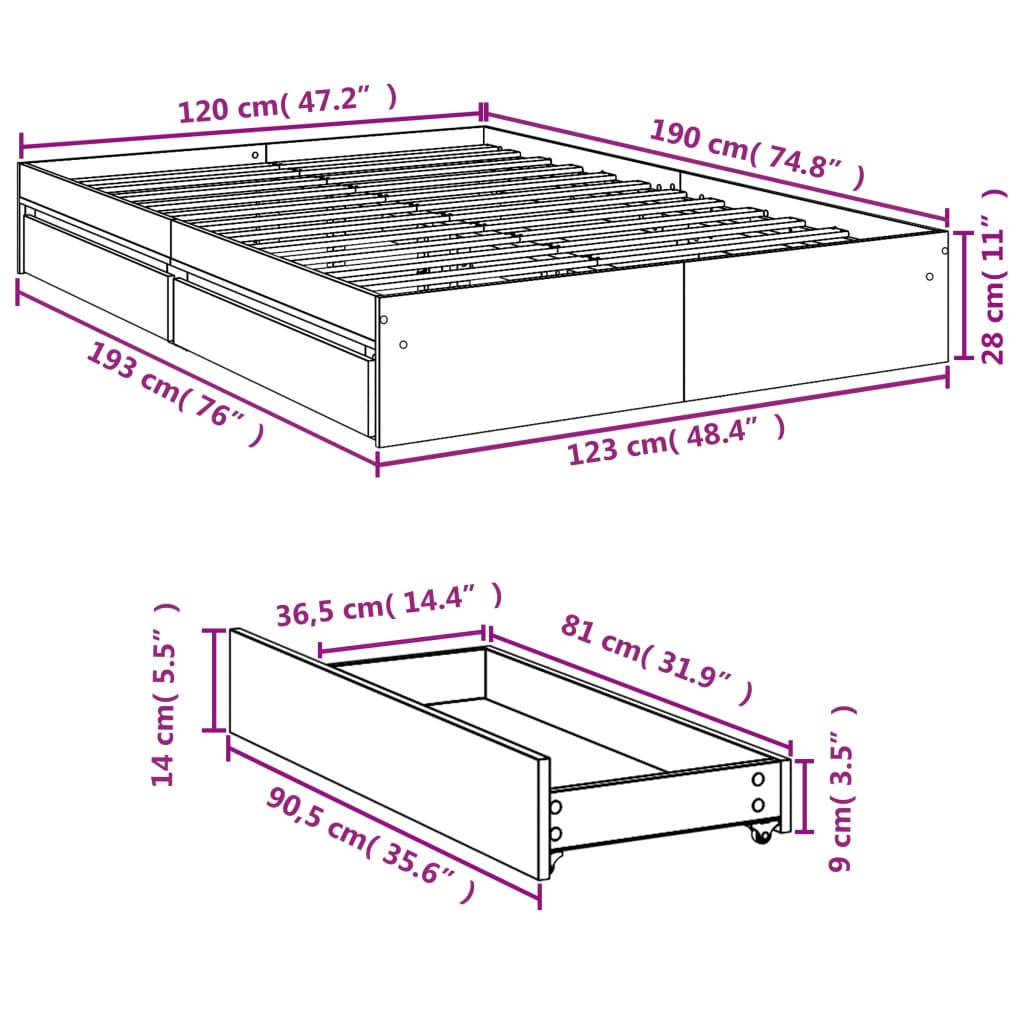 Bed Frame with Drawers without Mattress Sonoma Oak 120x190 cm Small Double