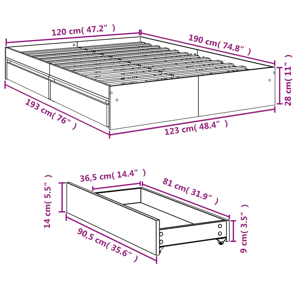 Bed Frame with Drawers Concrete Grey 120x190 cm Small Double Engineered Wood