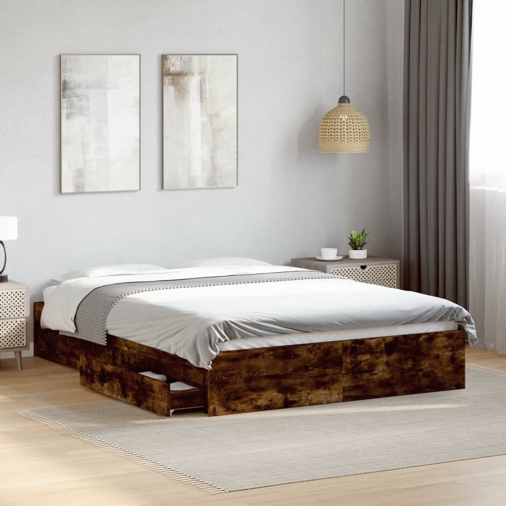 Bed Frame with Drawers Smoked Oak 120x190 cm Small Double Engineered Wood