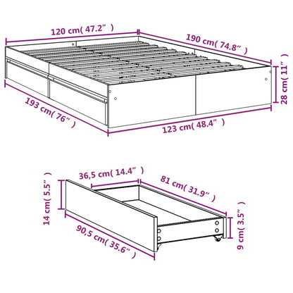 Bed Frame with Drawers Brown Oak 120x190 cm Small Double Engineered Wood