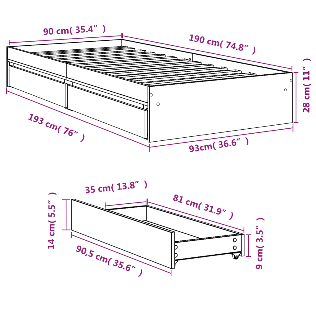 Bed Frame with Drawers White 90x190 cm Single Engineered Wood