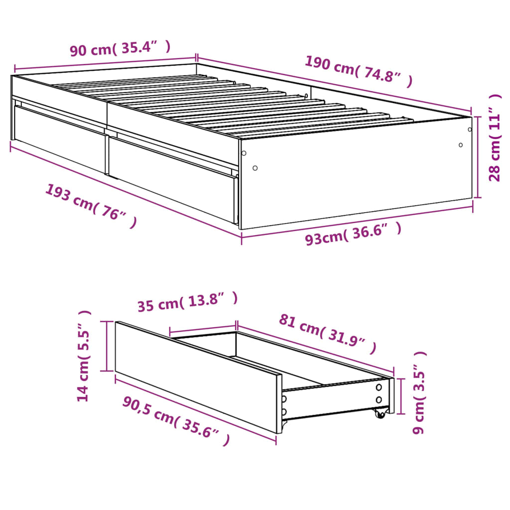 Bed Frame with Drawers Smoked Oak 90x190 cm Single Engineered Wood