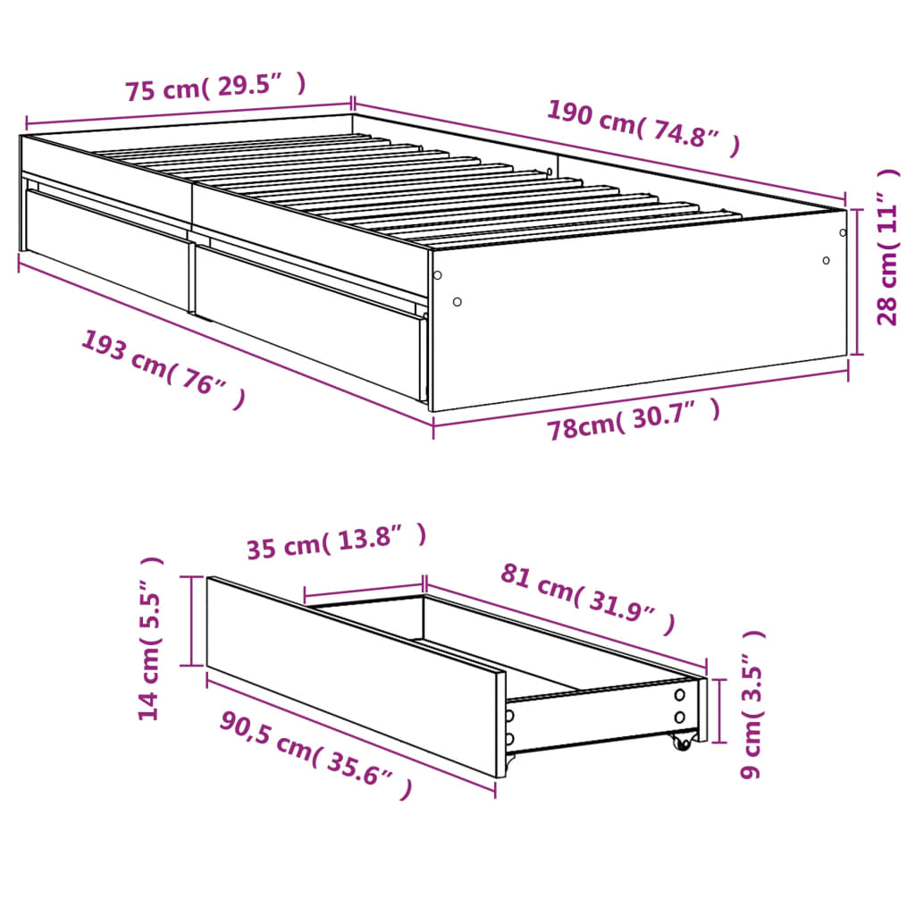 Bed Frame with Drawers Concrete Grey 75x190 cm Small Single Engineered Wood