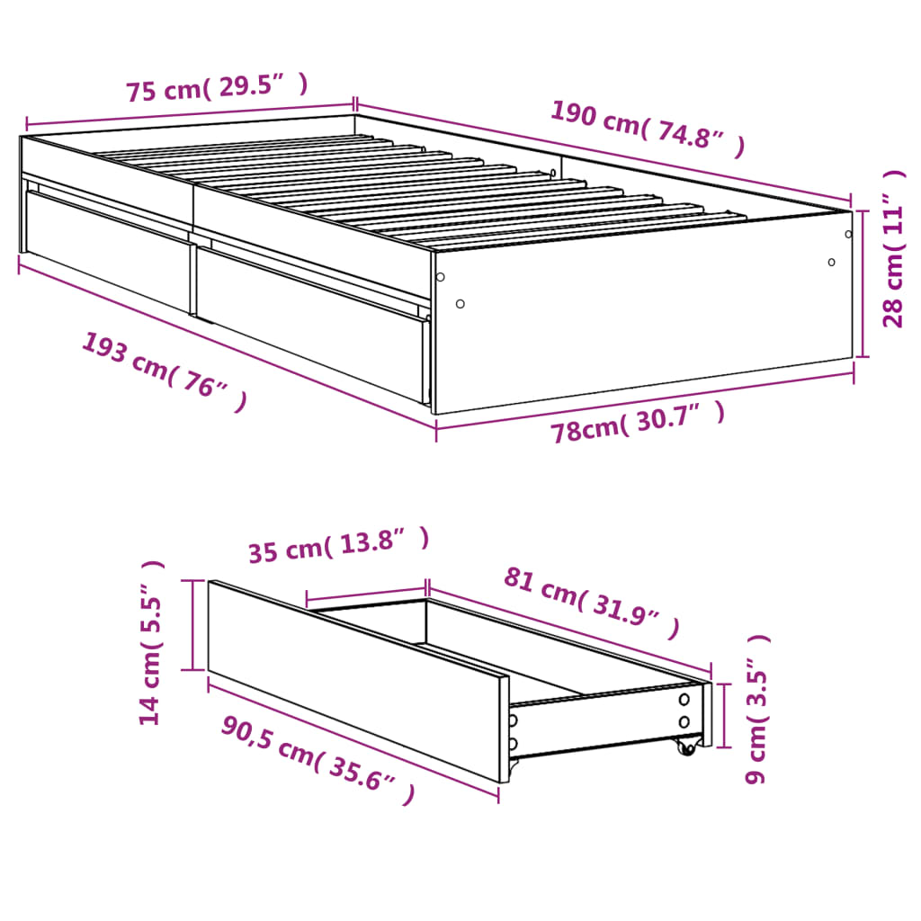 Bed Frame with Drawers Brown Oak 75x190 cm Small Single Engineered Wood