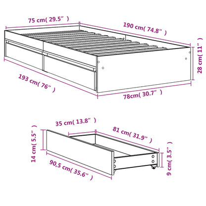 Bed Frame with Drawers Brown Oak 75x190 cm Small Single Engineered Wood