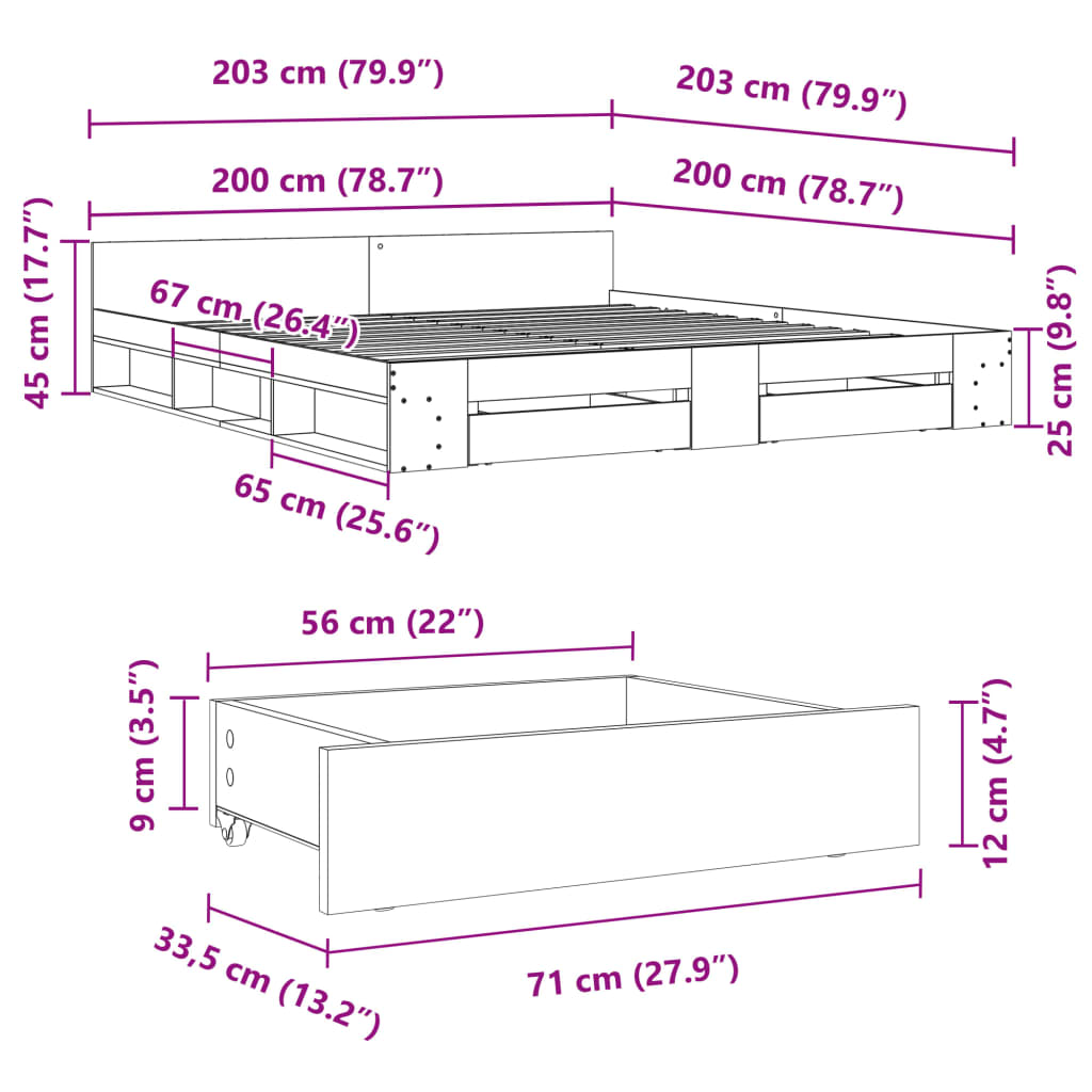 Bed Frame with Drawers Concrete Grey 200x200 cm Engineered Wood