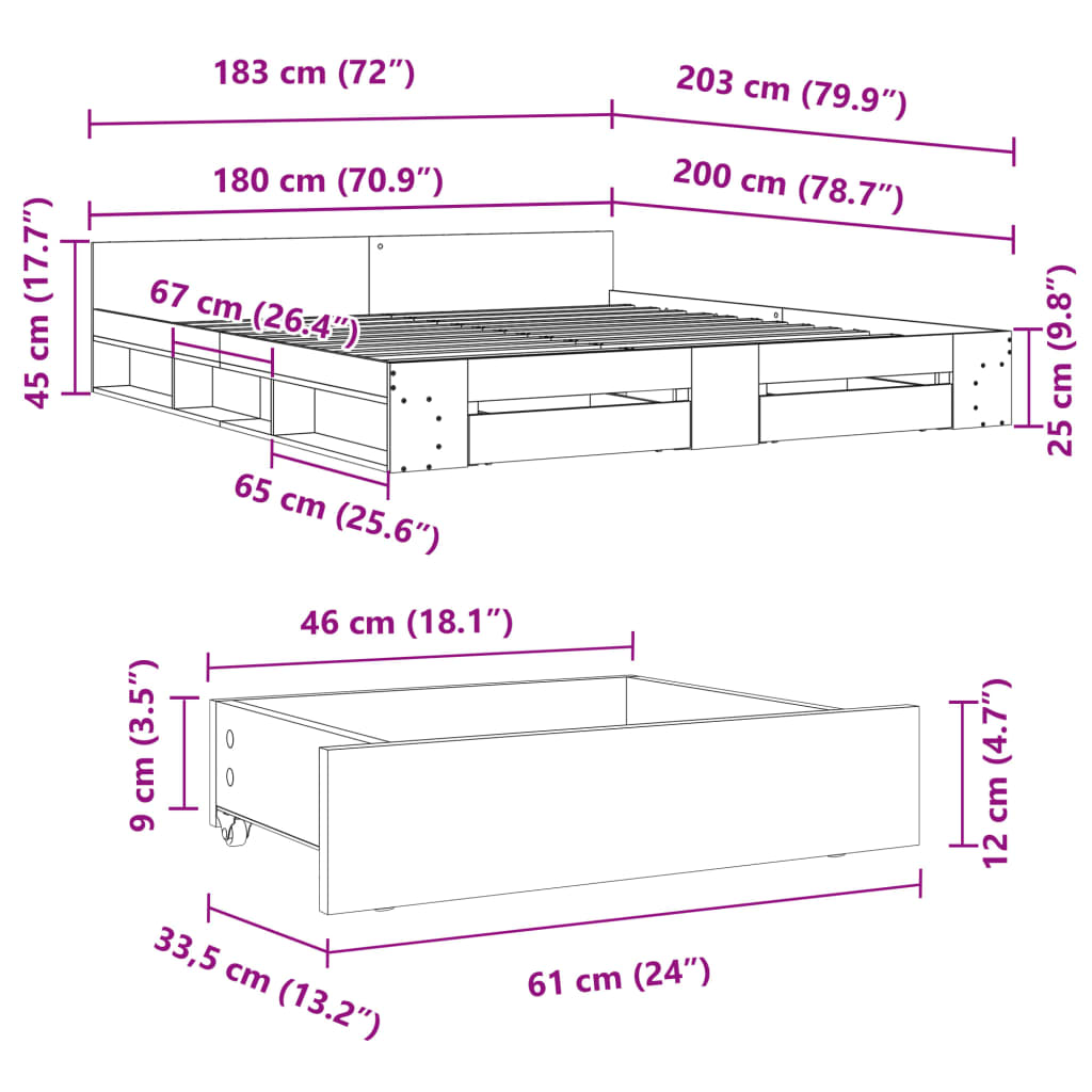 Bed Frame with Drawers without Mattress Concrete Grey 180x200 cm Super King