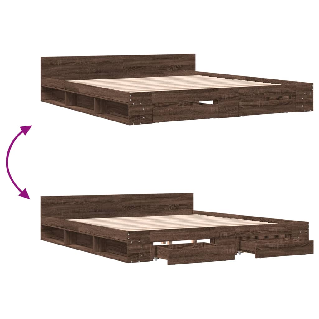 Bed Frame with Drawers without Mattress Brown Oak 180x200 cm Super King