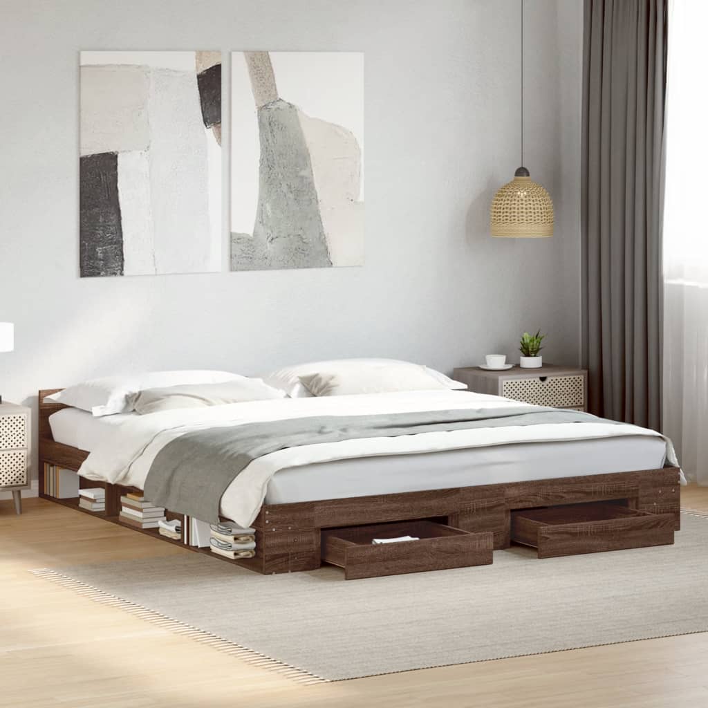 Bed Frame with Drawers without Mattress Brown Oak 180x200 cm Super King