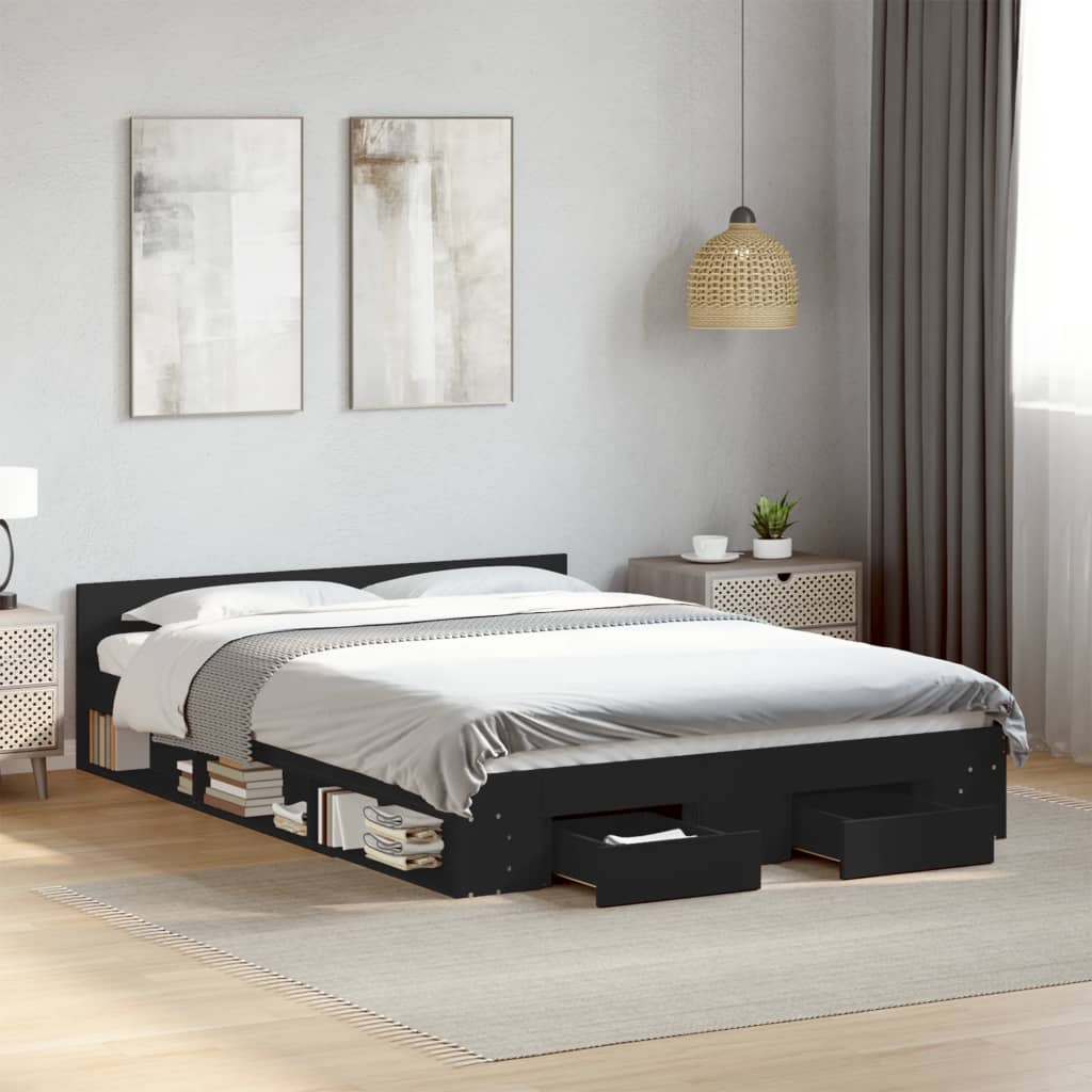 Bed Frame with Drawers Black 150x200 cm King Size Engineered Wood