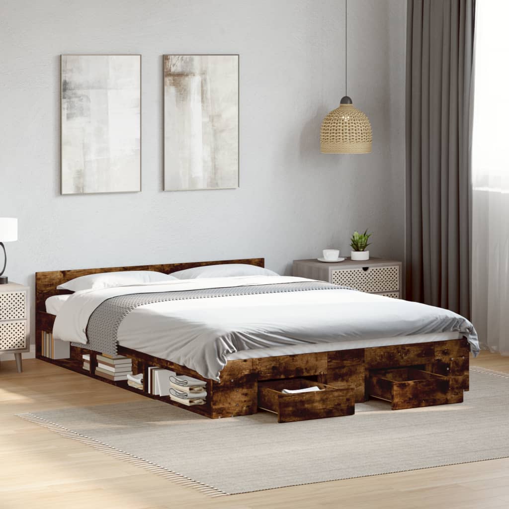 Bed Frame with Drawers Smoked Oak 150x200 cm King Size Engineered Wood