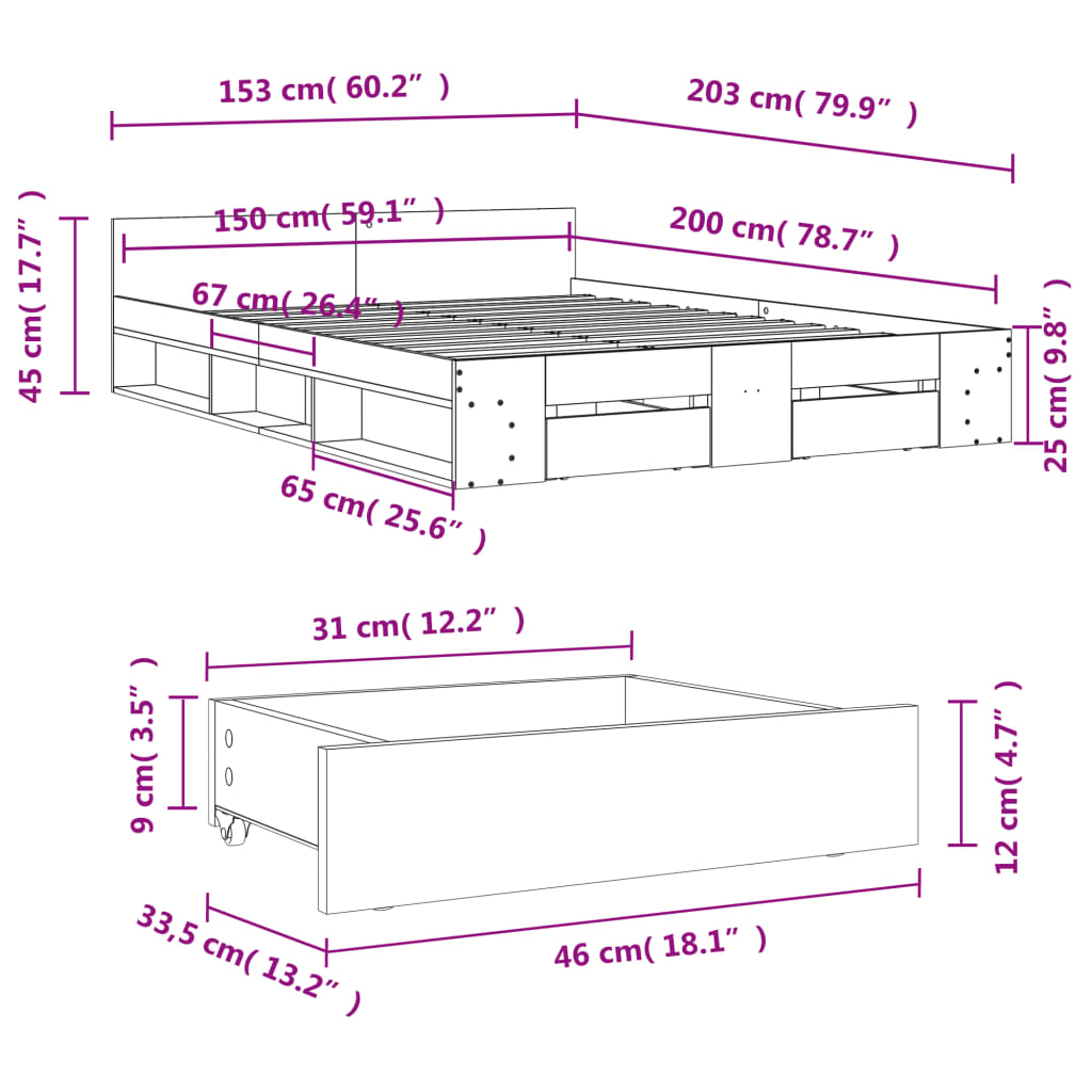 Bed Frame with Drawers Smoked Oak 150x200 cm King Size Engineered Wood