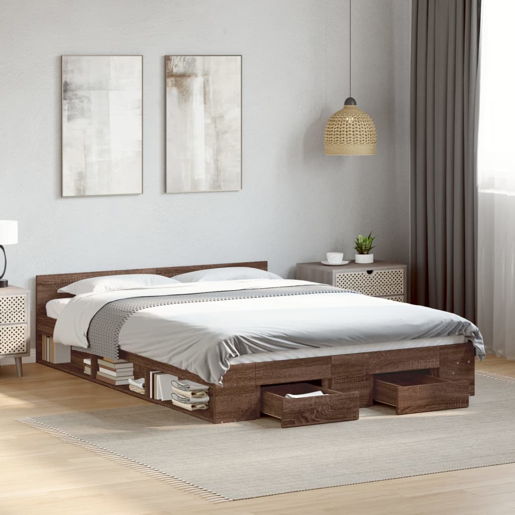 Bed Frame with Drawers Brown Oak 150x200 cm King Size Engineered Wood