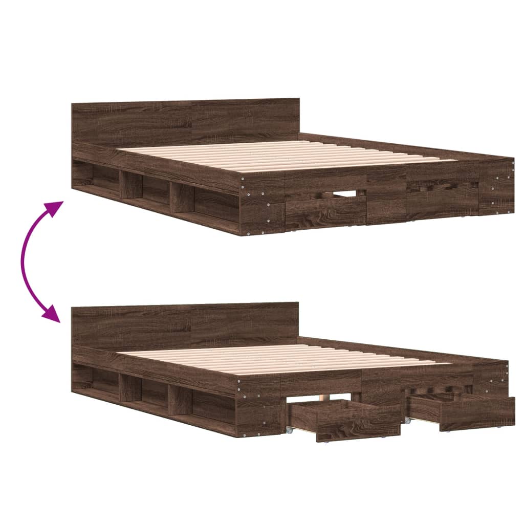 Bed Frame with Drawers Brown Oak 150x200 cm King Size Engineered Wood