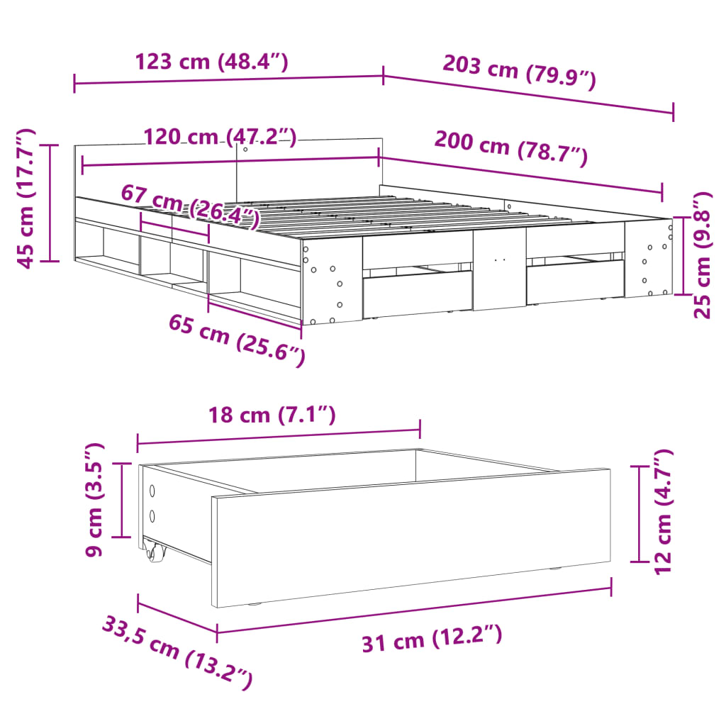 Bed Frame with Drawers Concrete Grey 120x200 cm Engineered Wood