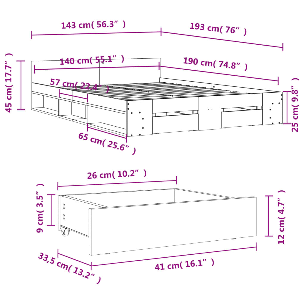 Bed Frame with Drawers Concrete Grey 140x190 cm Engineered Wood