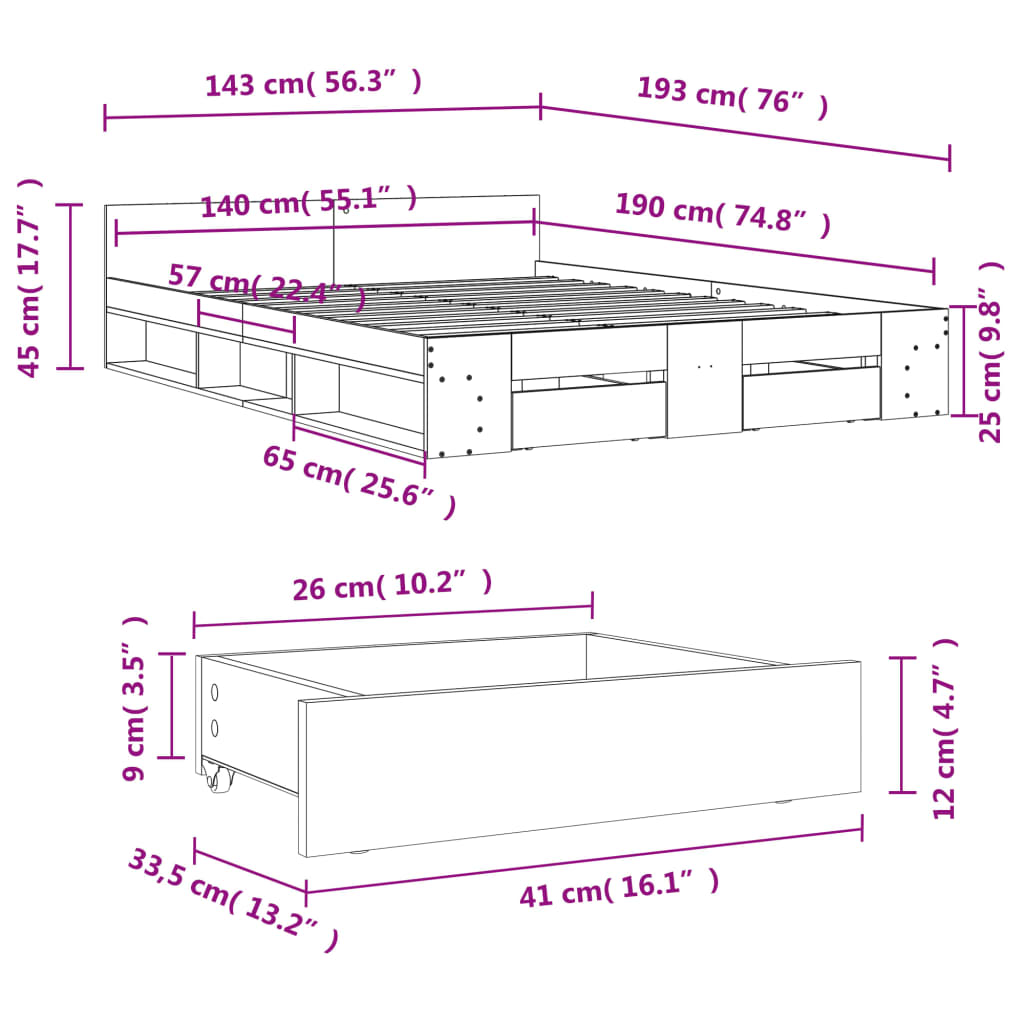 Bed Frame with Drawers Brown Oak 140x190 cm Engineered Wood