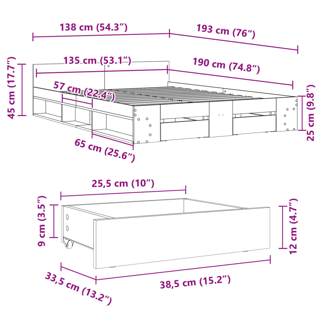 Bed Frame with Drawers Concrete Grey 135x190 cm Double Engineered Wood