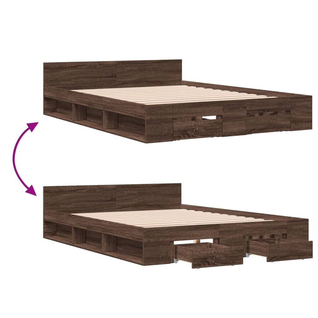 Bed Frame with Drawers Brown Oak 135x190 cm Double Engineered Wood