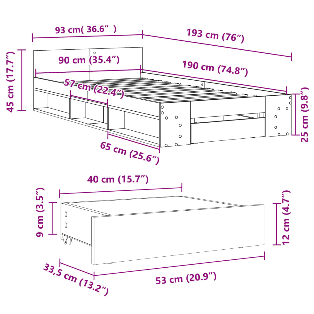 Bed Frame with Drawer Black 90x190 cm Single Engineered Wood