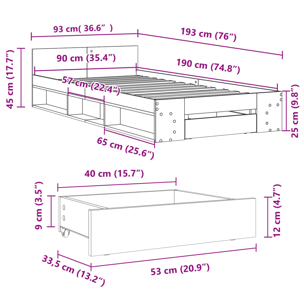 Bed Frame with Drawer Sonoma Oak 90x190 cm Single Engineered Wood