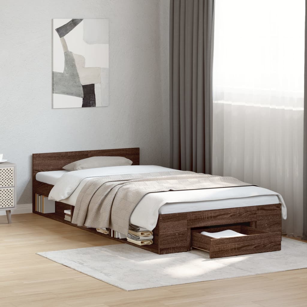 Bed Frame with Drawer without Mattress Brown Oak 90x190 cm Single