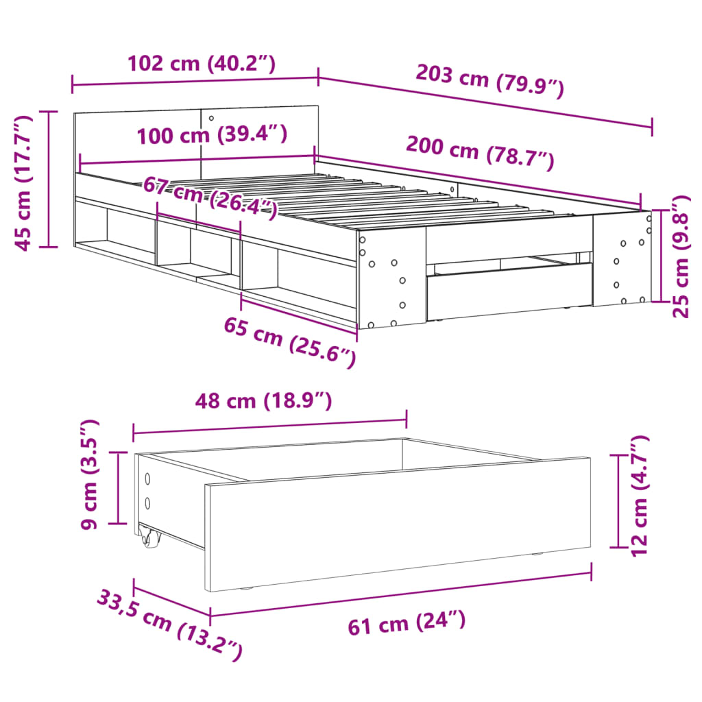 Bed Frame with Drawer without Mattress Sonoma Oak 100x200 cm