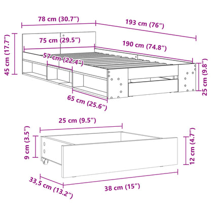 Bed Frame with Drawer Concrete Grey 75x190 cm Small Single Engineered Wood