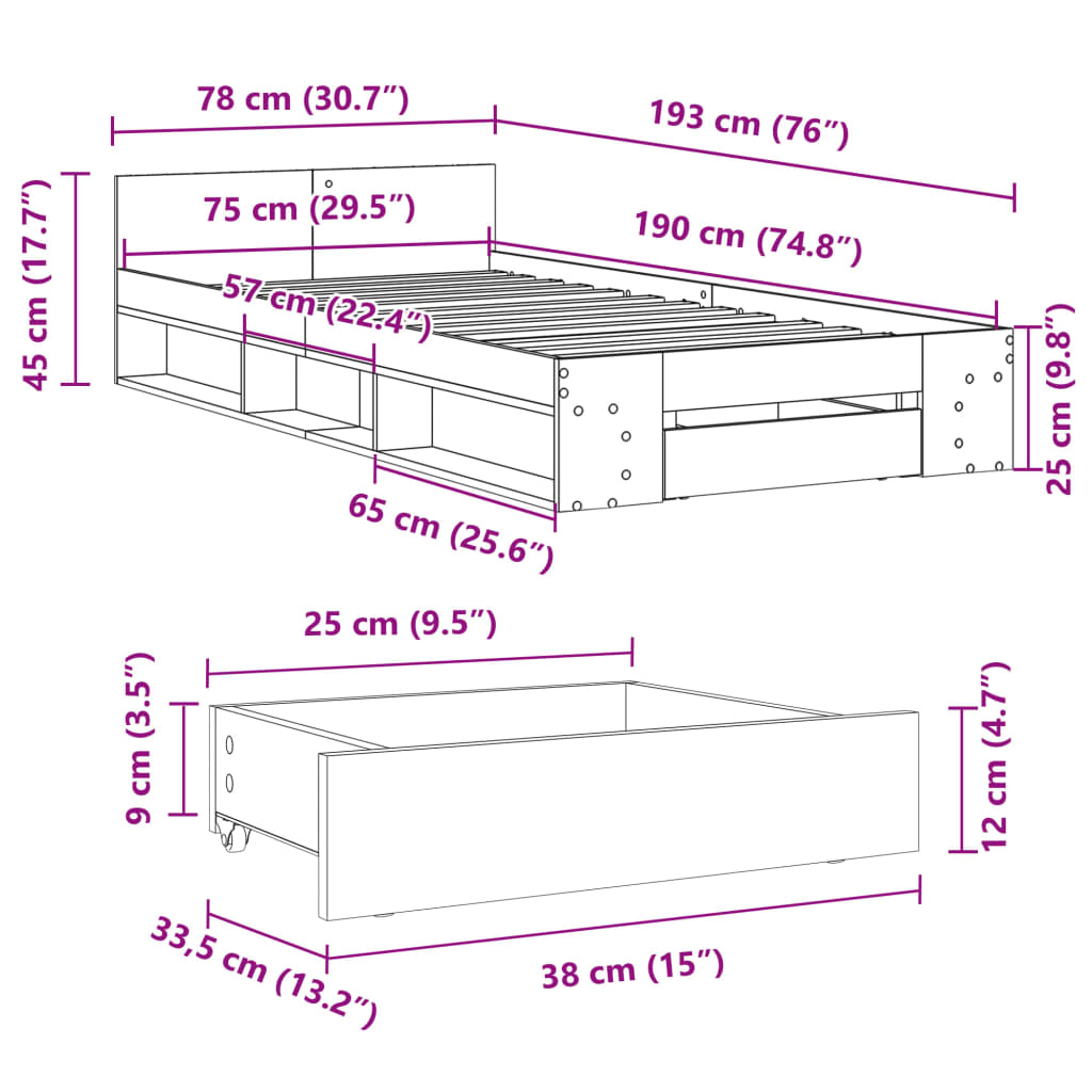 Bed Frame with Drawer without Mattress Smoked Oak 75x190 cm Small Single