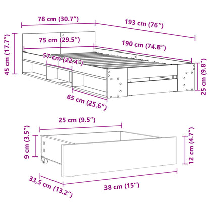 Bed Frame with Drawer without Mattress Smoked Oak 75x190 cm Small Single