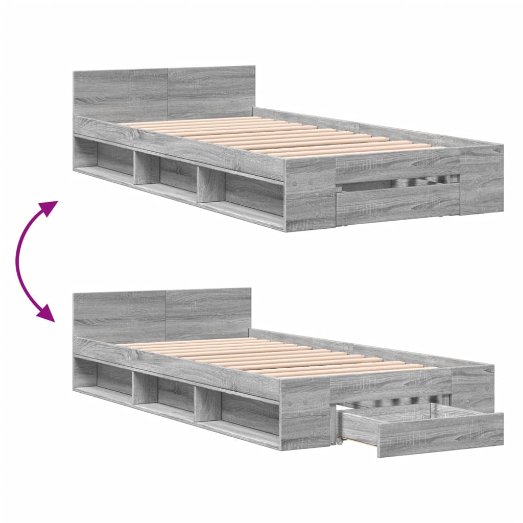 Bed Frame with Drawer without Mattress Grey Sonoma 75x190 cm Small Single