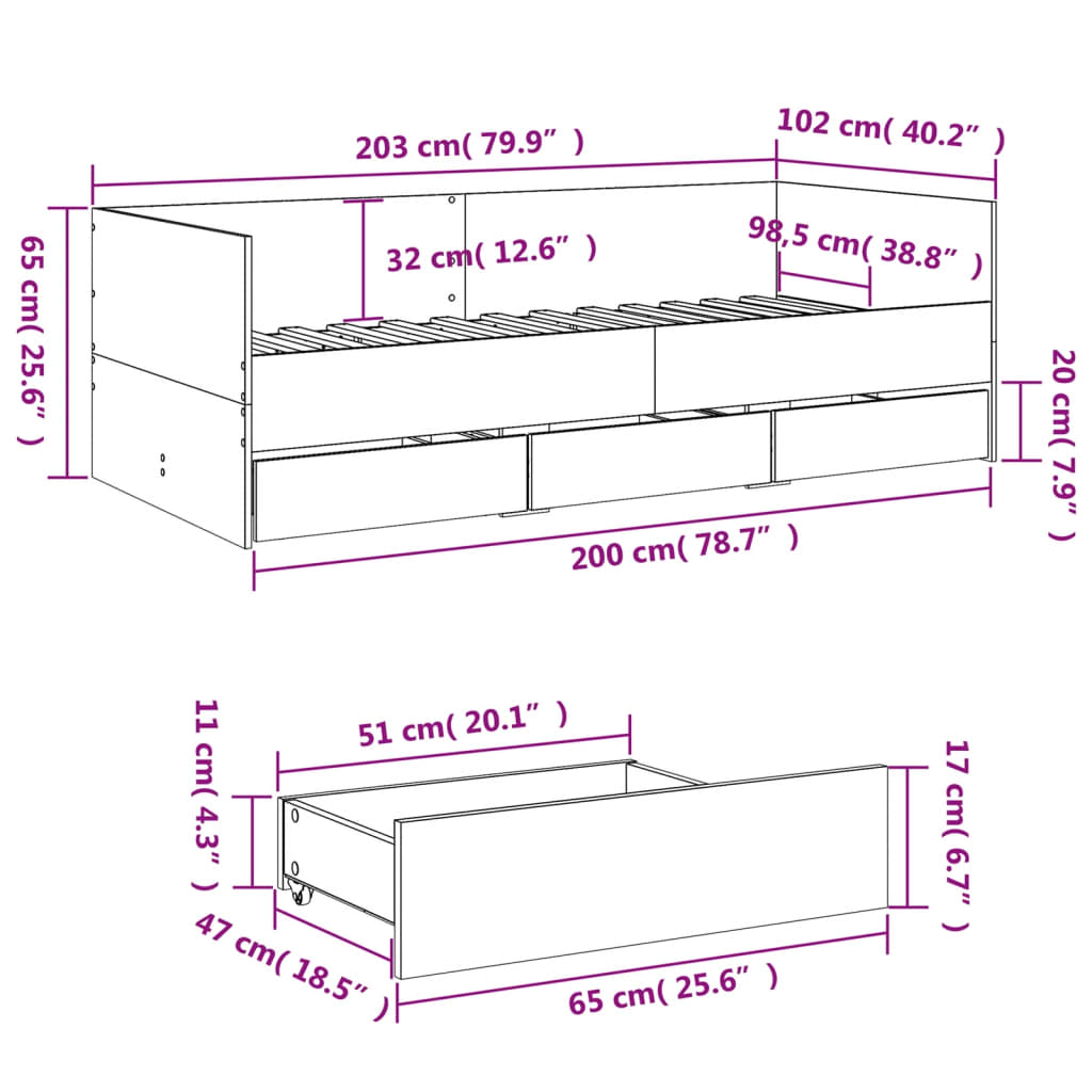 Daybed with Drawers without Mattress Black 100x200 cm