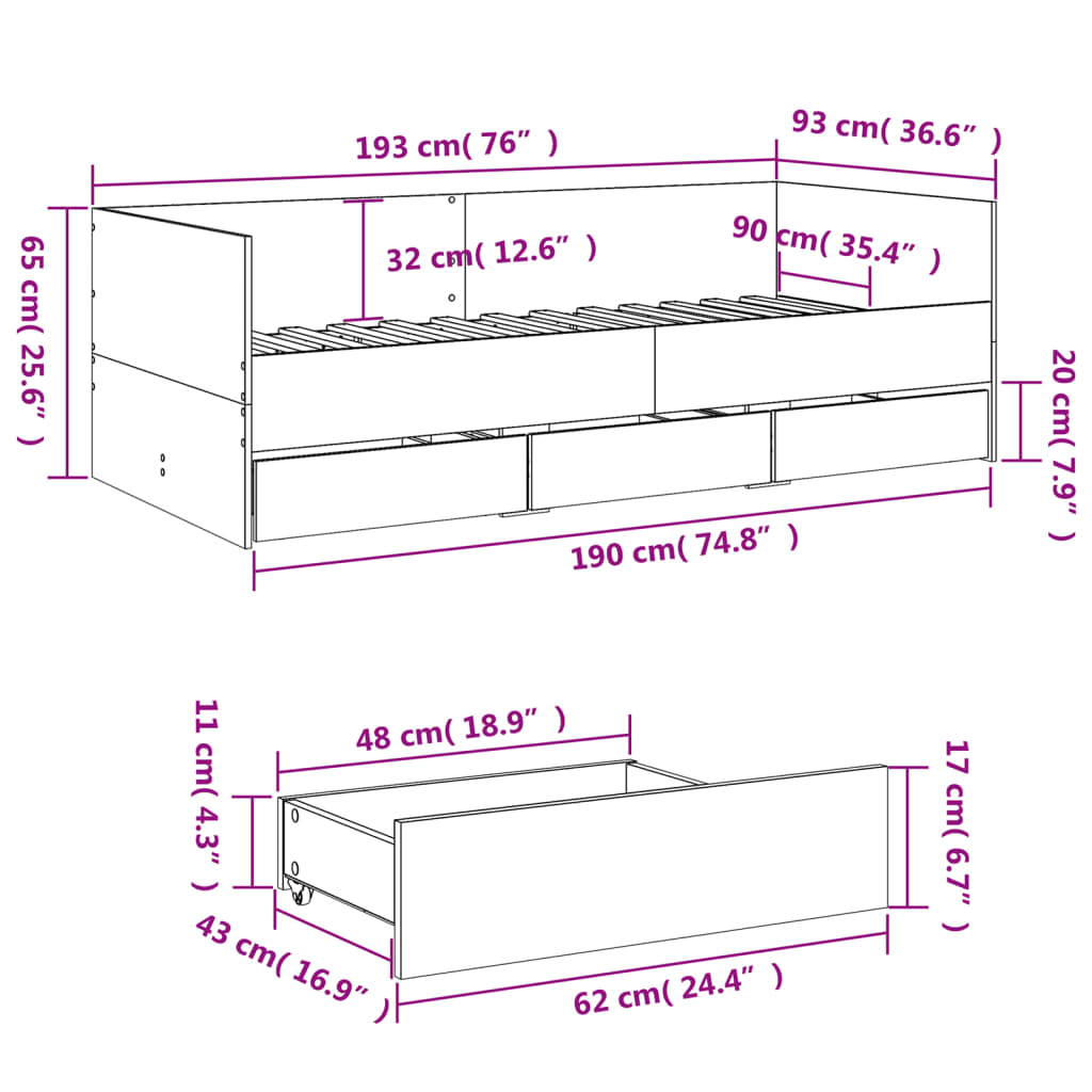 Daybed with Drawers White 90x190 cm Engineered Wood