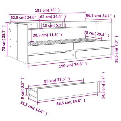 Daybed with Drawers without Mattress Grey Sonoma 75x190 cm Small Single