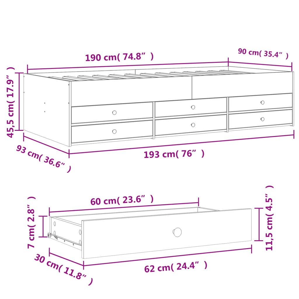 Daybed with Drawers White 90x190 cm Engineered Wood