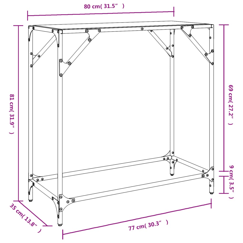 Console Table with Black Glass Top 60x35x81 cm Steel