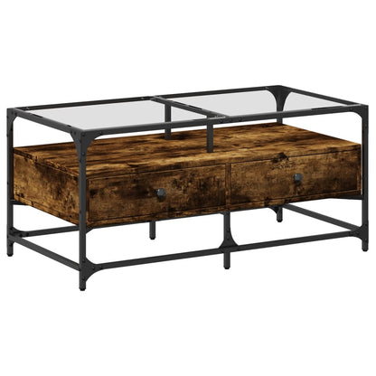 Coffee Table with Glass Top Smoked Oak 98.5x50x45 cm Steel