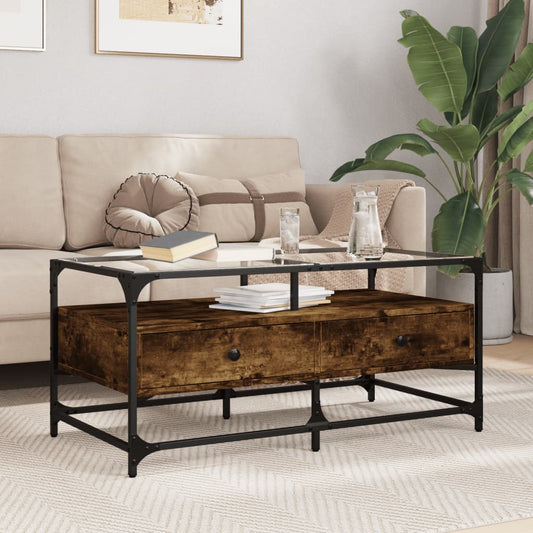 Coffee Table with Glass Top Smoked Oak 98.5x50x45 cm Steel