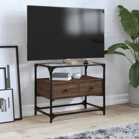 TV Cabinet with Glass Top Brown Oak 60x35x51 cm Engineered Wood