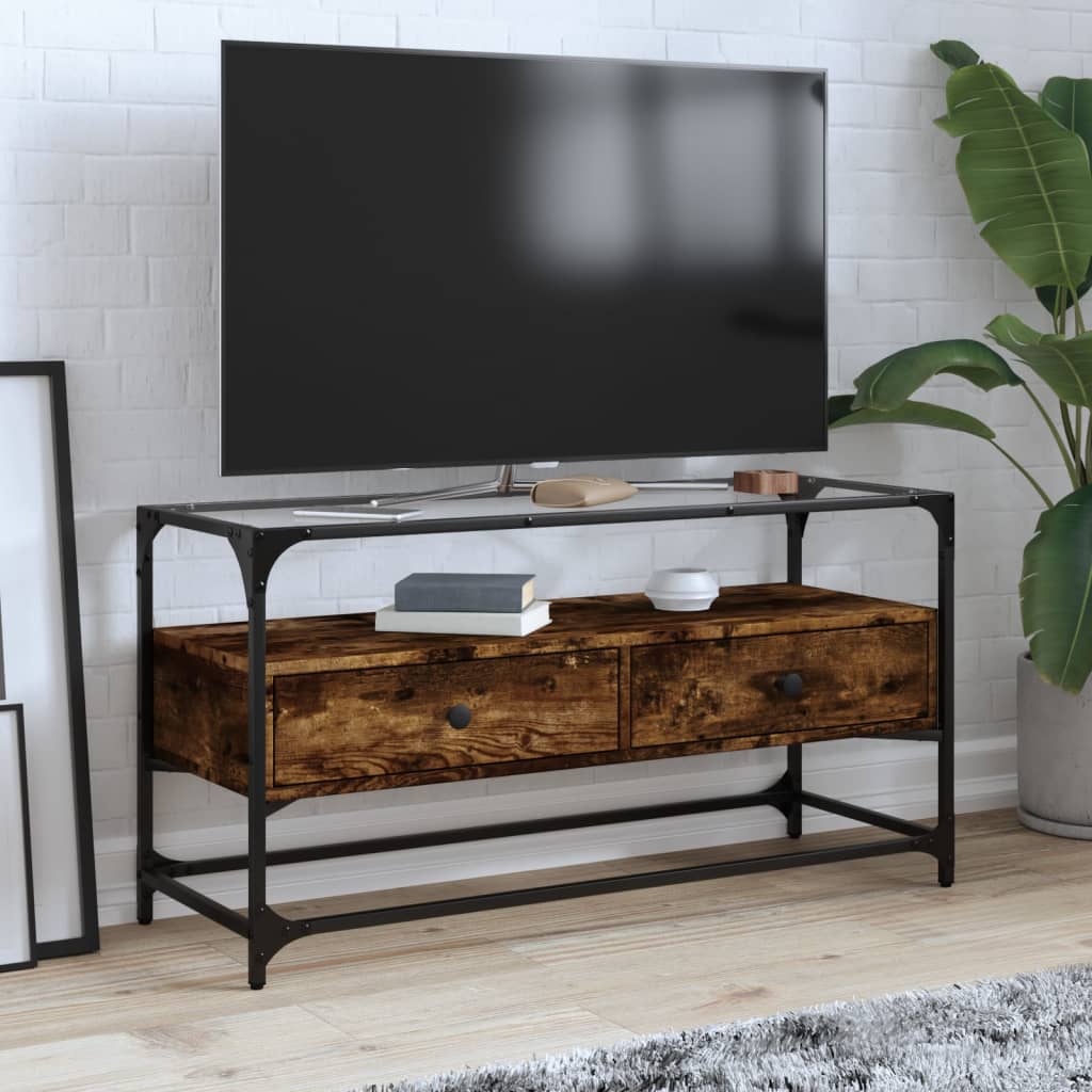 TV Cabinet with Glass Top Smoked Oak 98x35x51 cm Engineered Wood