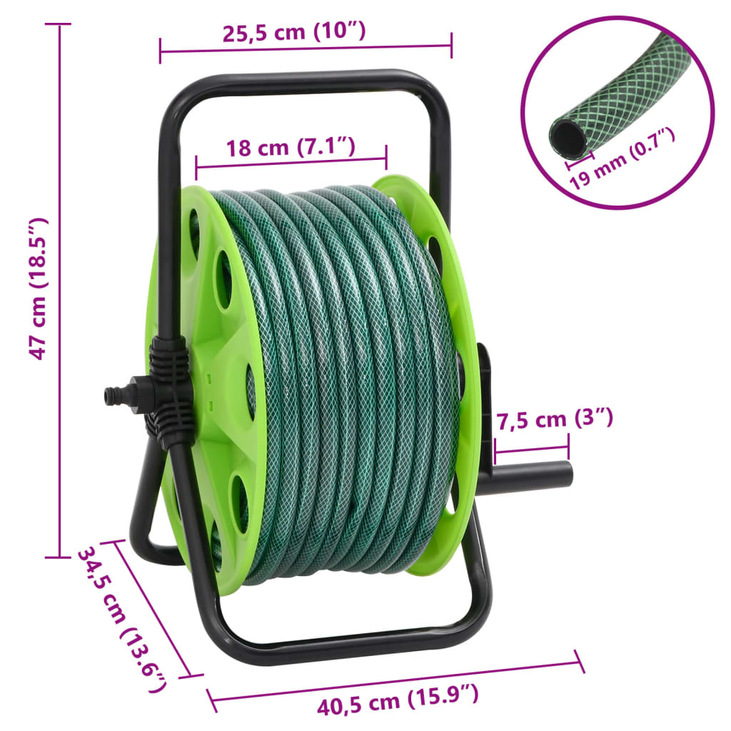 Free Standing Green Hose Reel with Hose Fitting Set 0.75" 20 m PVC