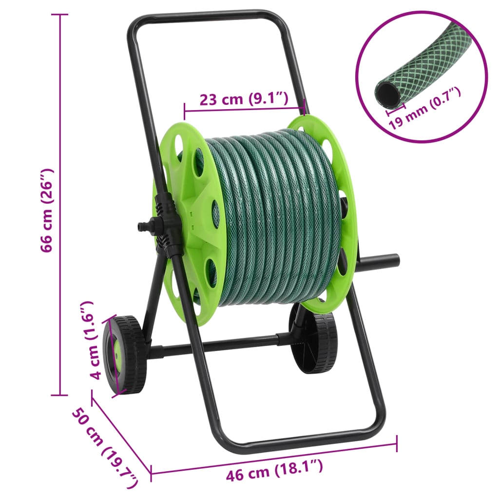 Green Hose Reel Cart with Hose Fitting Set 0.75" 20 m PVC